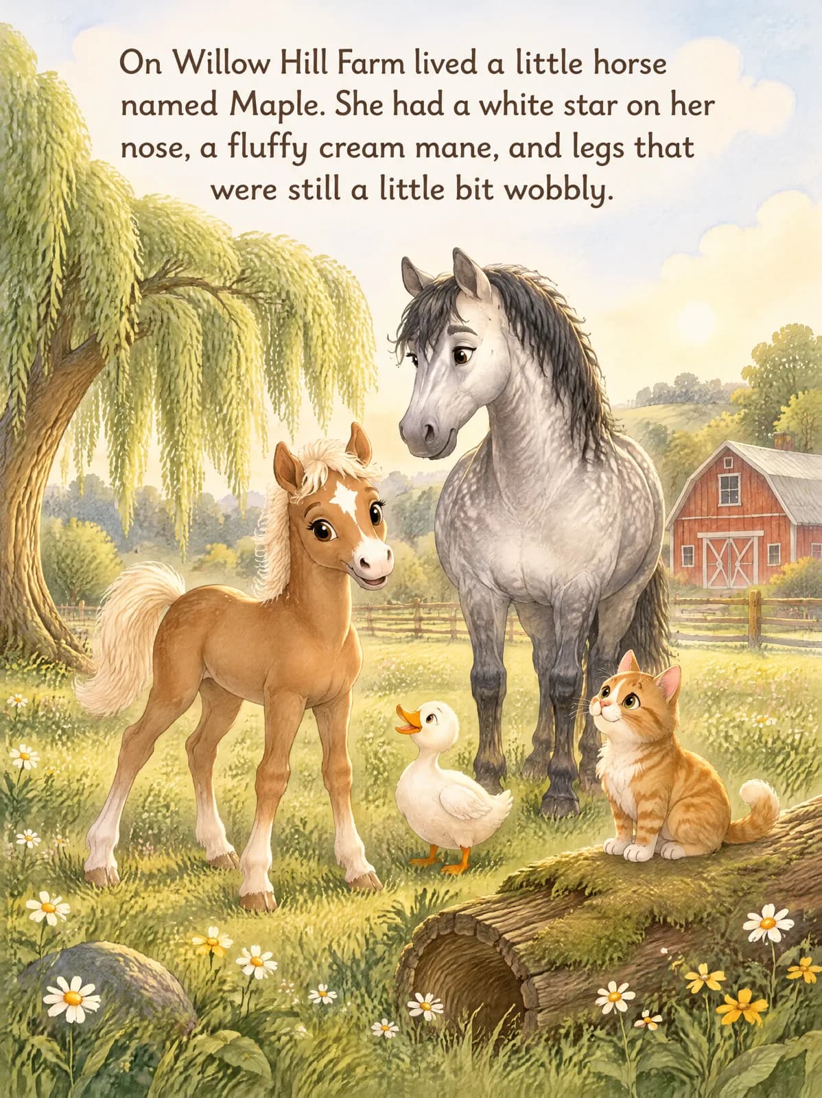Maple the little horse with Thunder, Dot the duck and Whiskers the cat on Willow Hill Farm